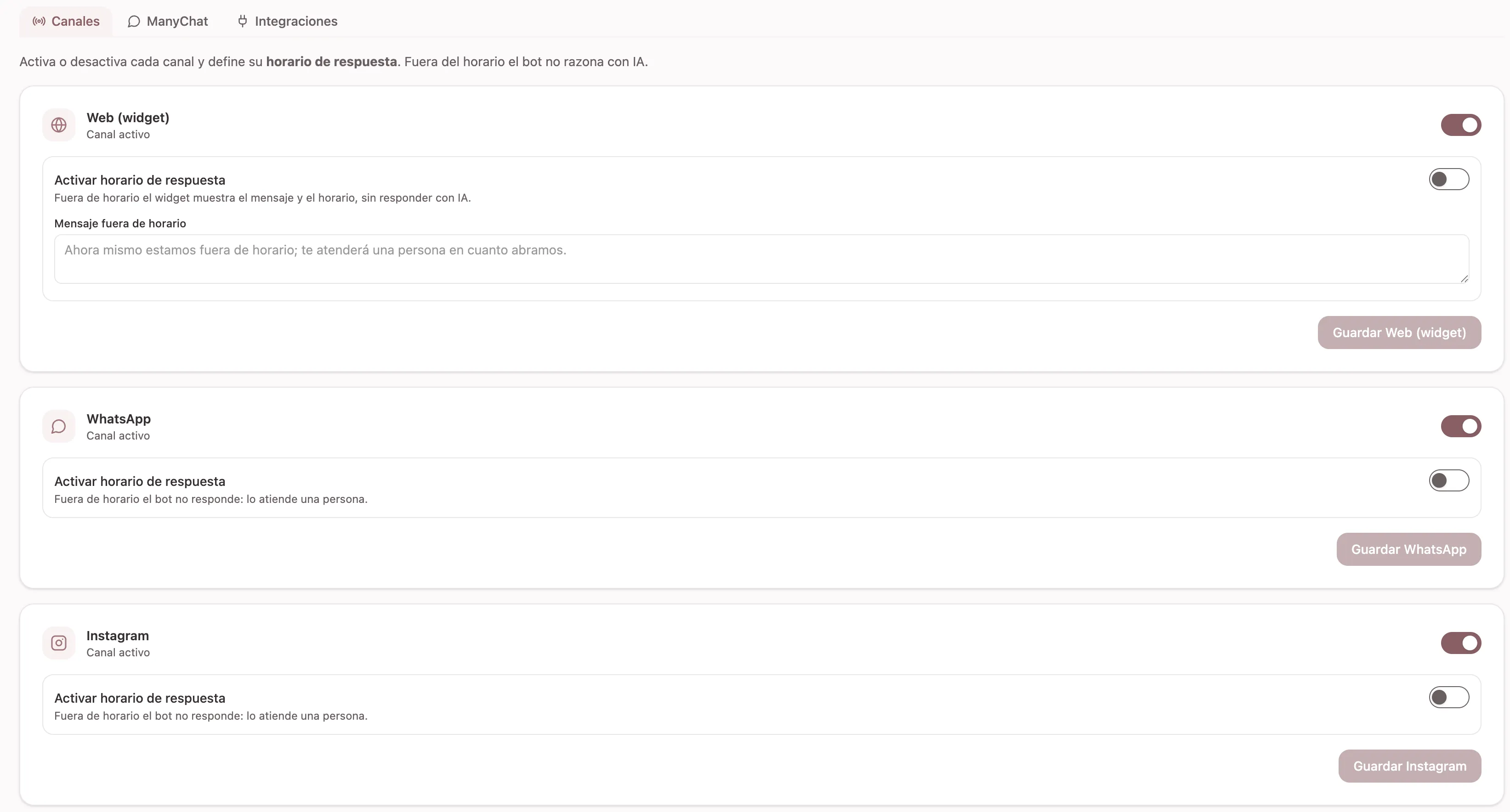 Canales del asistente: web, WhatsApp e Instagram activos desde un panel